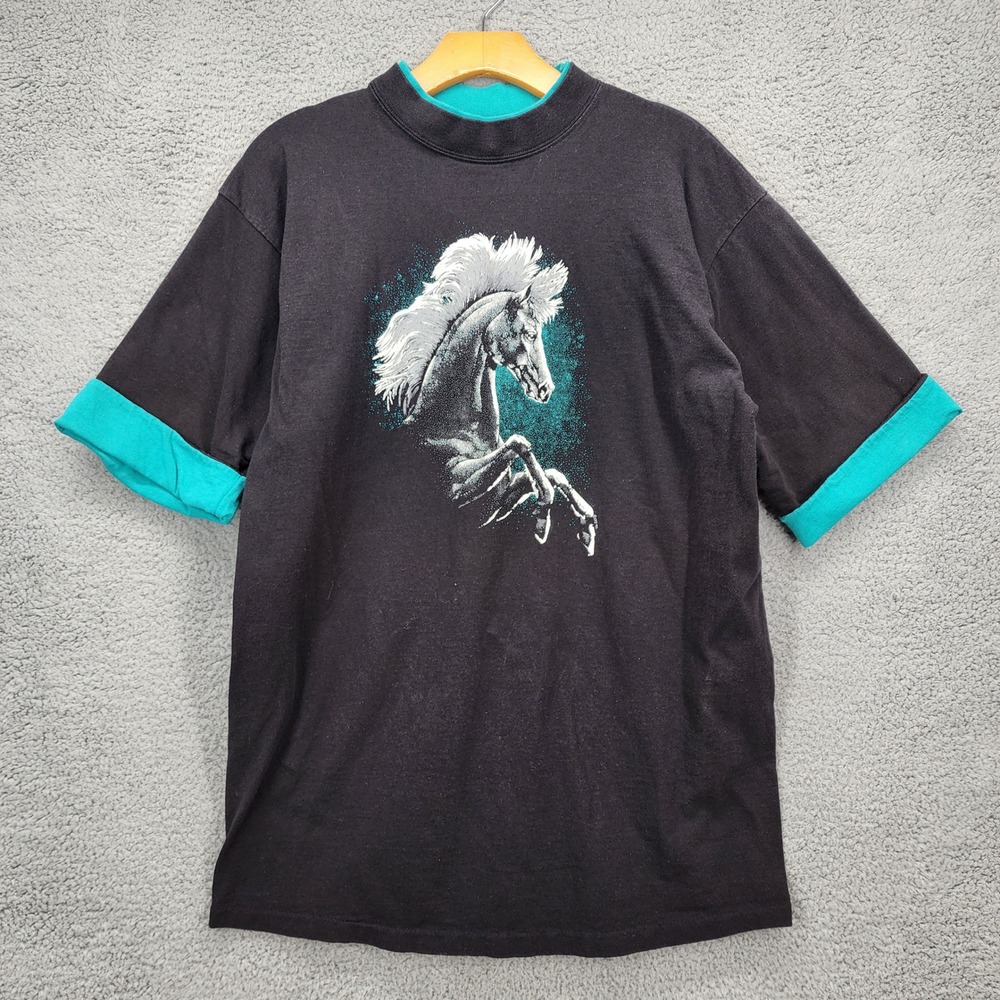 Vintage 90s Delta Horse Graphic T Shirt XL Black Teal USA Single Stitch